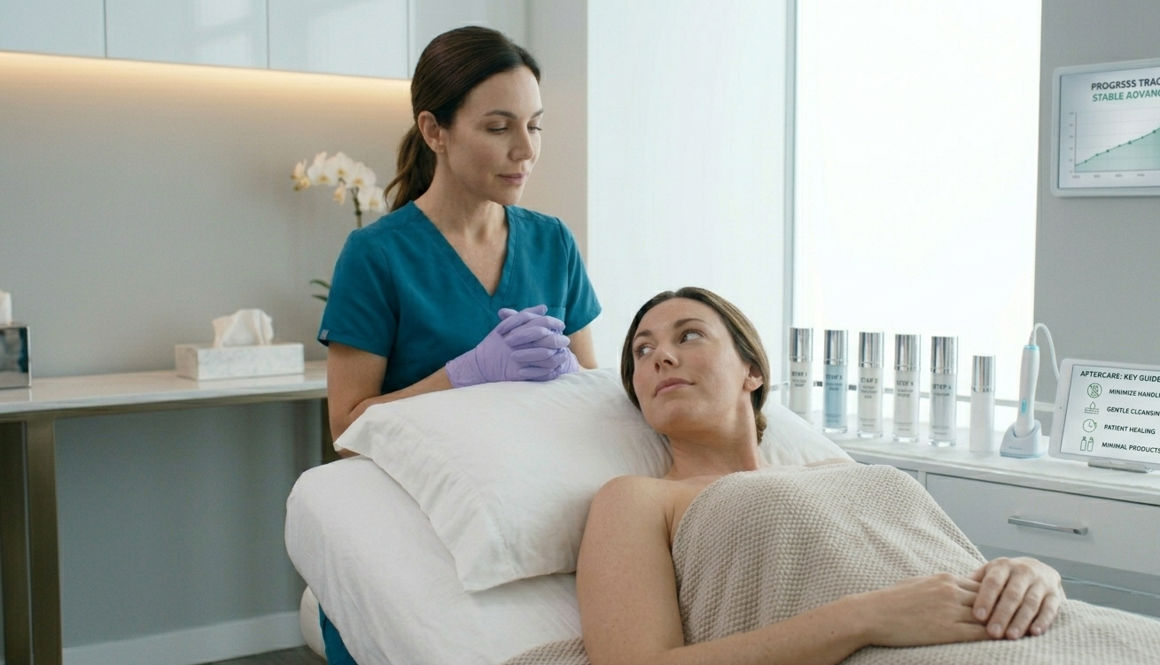 A serene image of a person gently touching their face, surrounded by soft, cool tones.