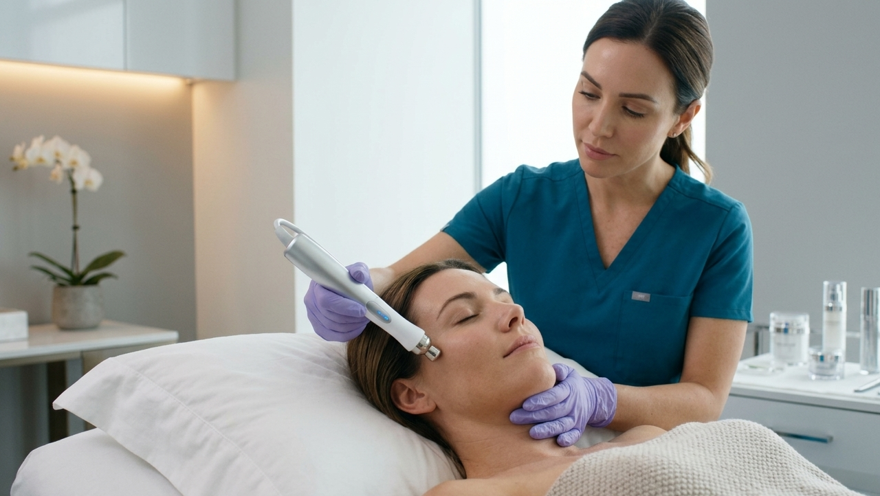 A serene image of a person gently touching their face, surrounded by soft, cool tones.