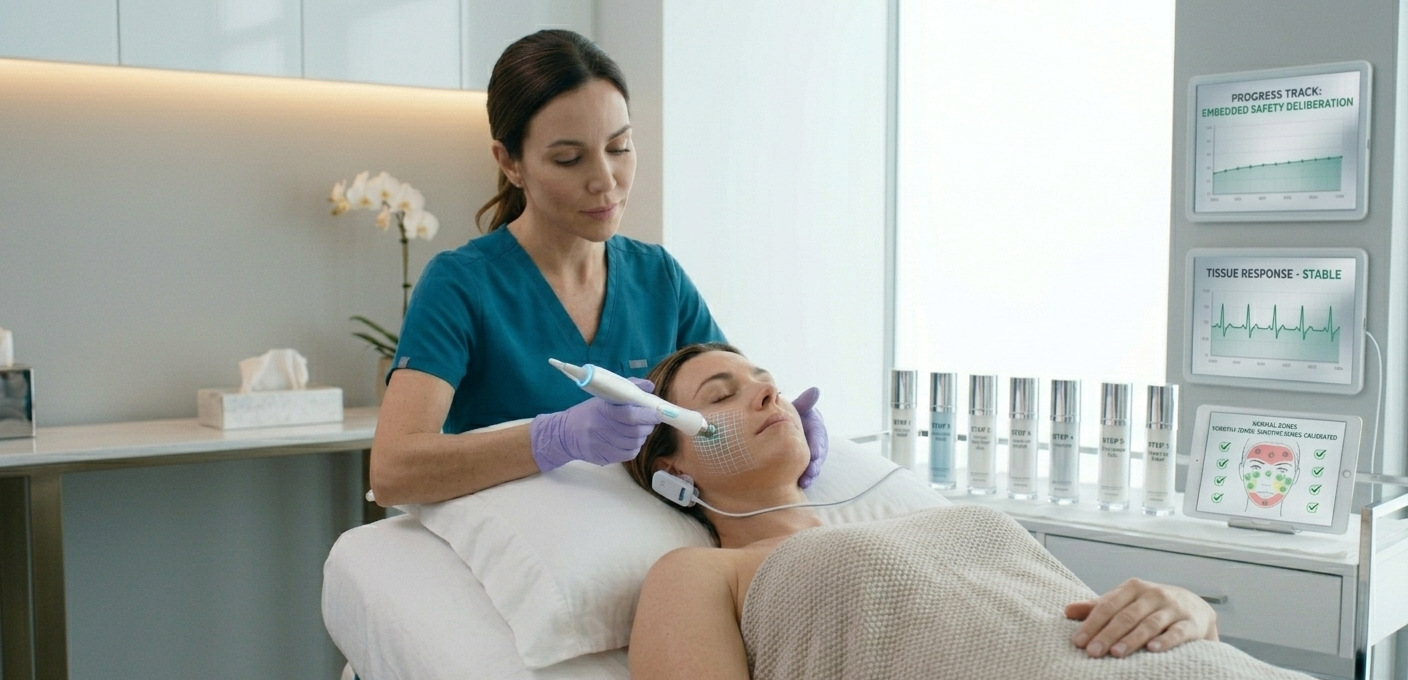 A close-up image of a person's skin, showing a small, discreet area of concern that is being gently treated with cooling technology.
